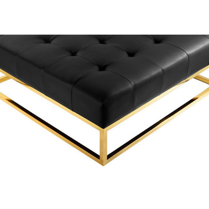 Ipp 40 Inch Ottoman, Button Tufted, Black Faux Leather, Square Padded, Gold