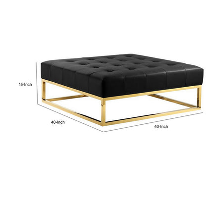 Ipp 40 Inch Ottoman, Button Tufted, Black Faux Leather, Square Padded, Gold
