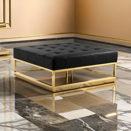 Ipp 40 Inch Ottoman, Button Tufted, Black Faux Leather, Square Padded, Gold