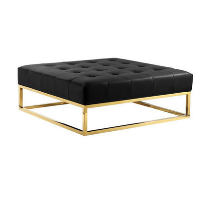 Ipp 40 Inch Ottoman, Button Tufted, Black Faux Leather, Square Padded, Gold