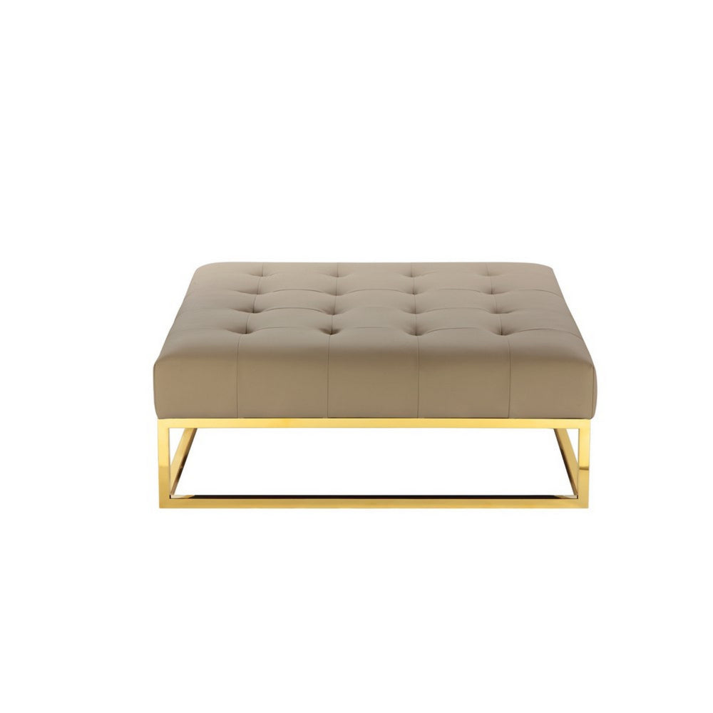 Ipp 40 Inch Ottoman, Button Tufted, Brown Faux Leather, Square Padded, Gold