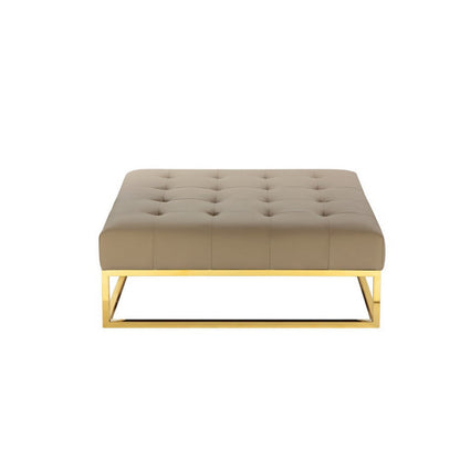 Ipp 40 Inch Ottoman, Button Tufted, Brown Faux Leather, Square Padded, Gold