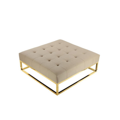 Ipp 40 Inch Ottoman, Button Tufted, Brown Faux Leather, Square Padded, Gold