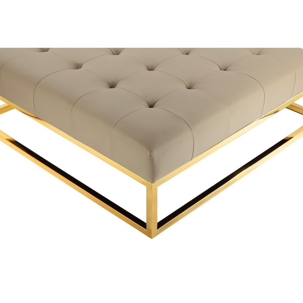 Ipp 40 Inch Ottoman, Button Tufted, Brown Faux Leather, Square Padded, Gold
