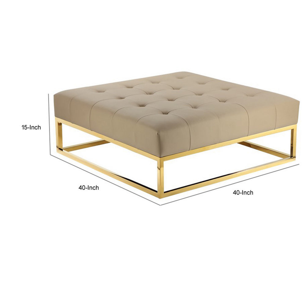 Ipp 40 Inch Ottoman, Button Tufted, Brown Faux Leather, Square Padded, Gold
