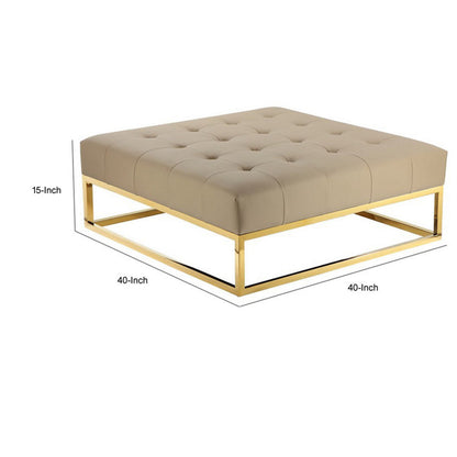 Ipp 40 Inch Ottoman, Button Tufted, Brown Faux Leather, Square Padded, Gold