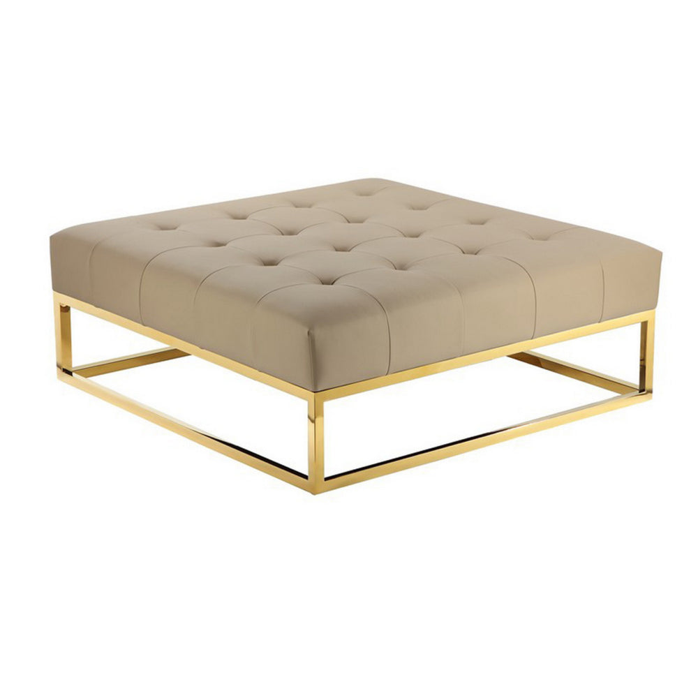 Ipp 40 Inch Ottoman, Button Tufted, Brown Faux Leather, Square Padded, Gold