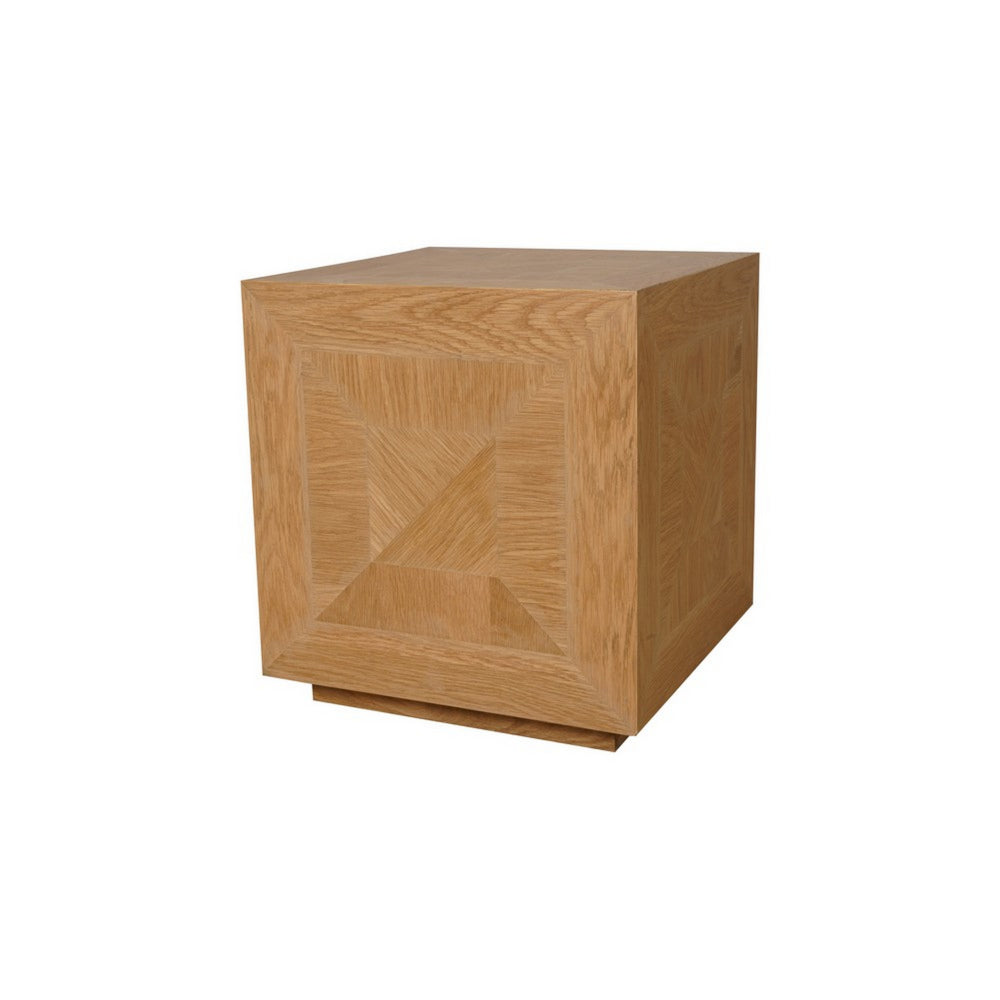 19 Inch Side End Table, Square Geometric Design, Brown Oak Wood Veneer