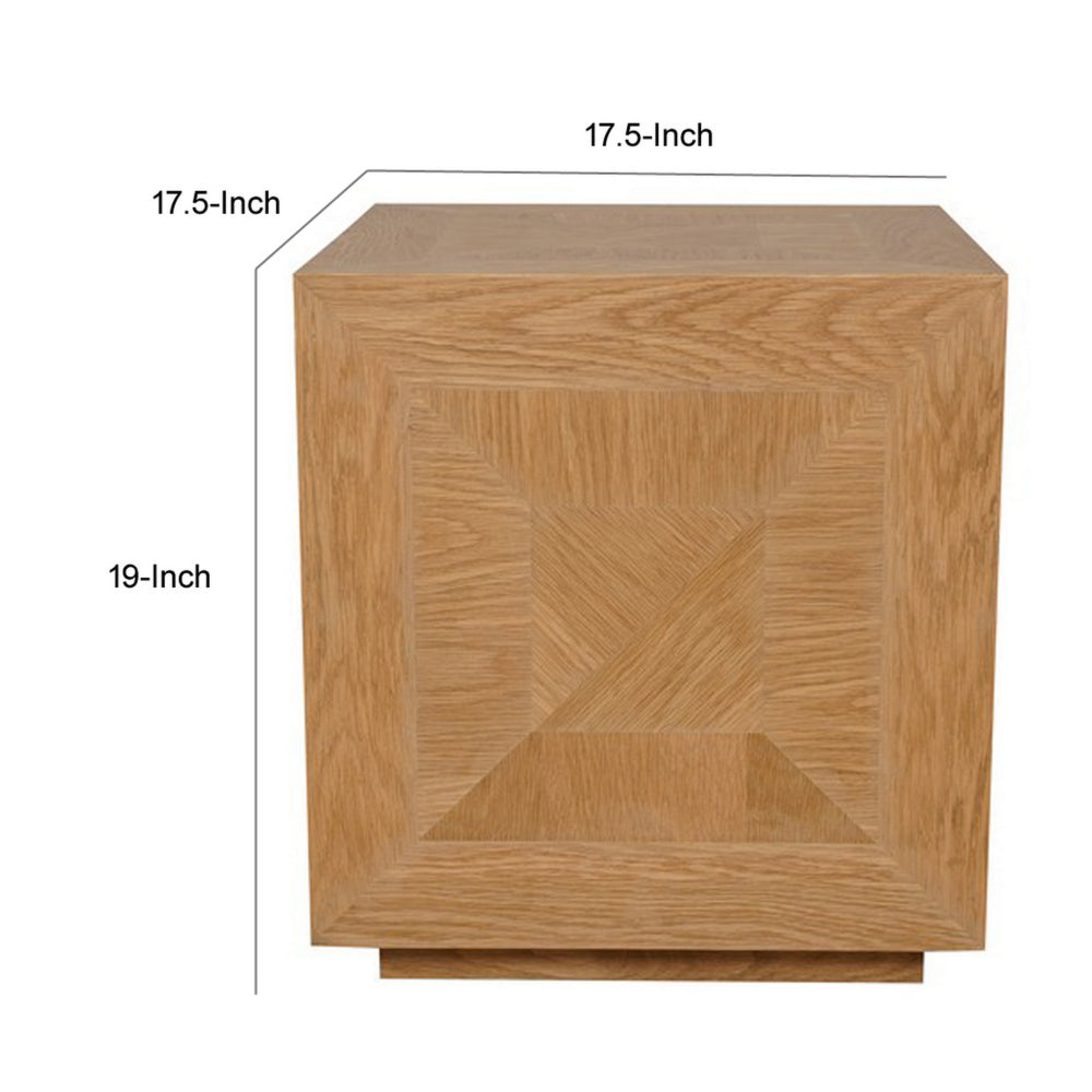 19 Inch Side End Table, Square Geometric Design, Brown Oak Wood Veneer