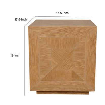 19 Inch Side End Table, Square Geometric Design, Brown Oak Wood Veneer