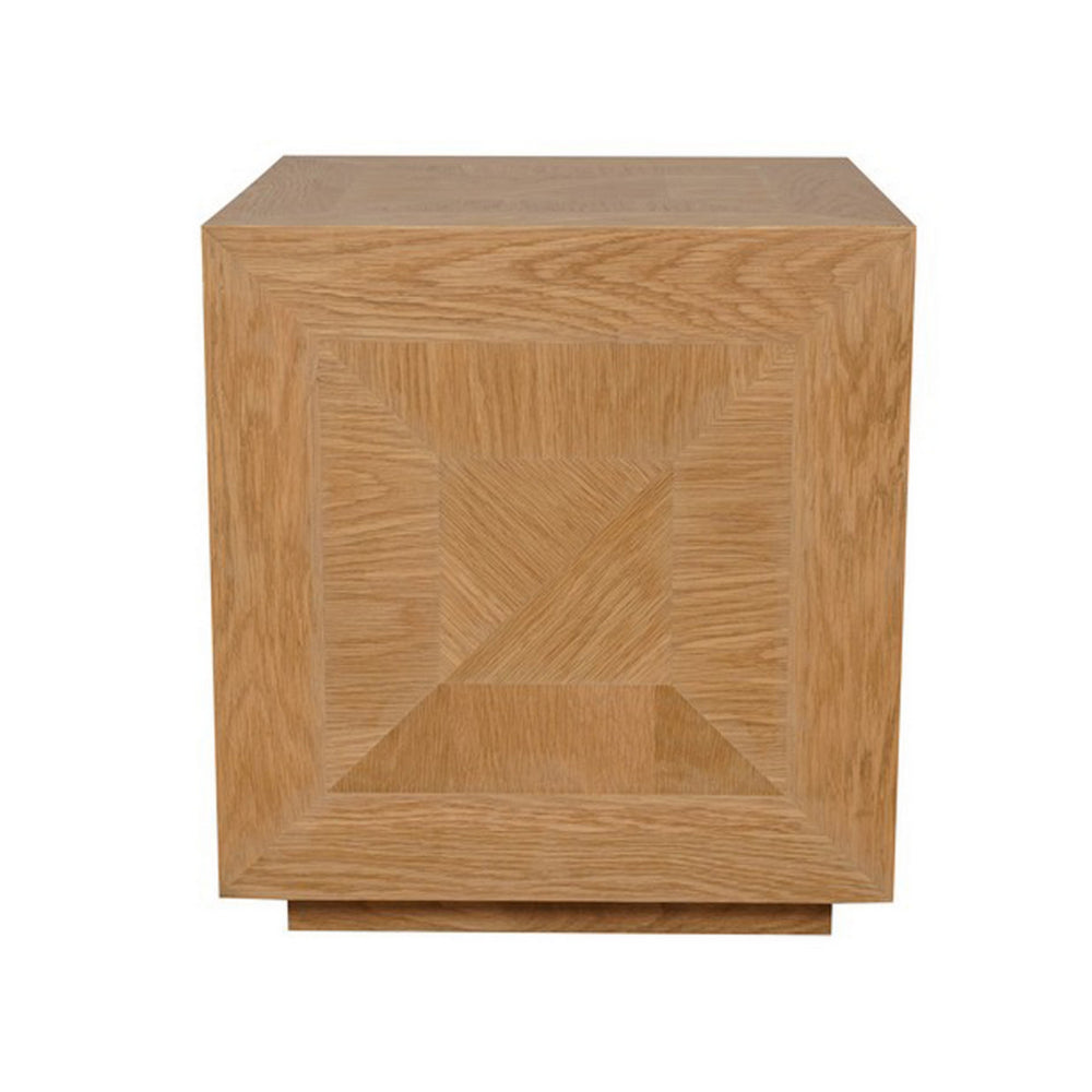 19 Inch Side End Table, Square Geometric Design, Brown Oak Wood Veneer