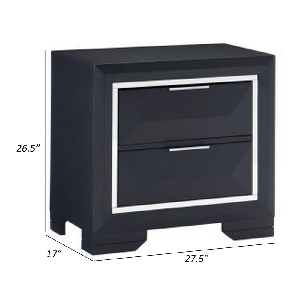 Rosy 27 Inch Nightstand, 2 Drawers, Chrome Accents, Midnight Blue Wood