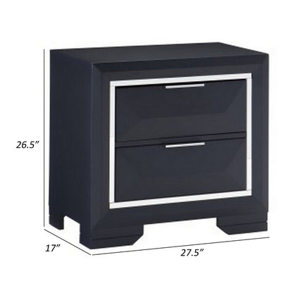 Rosy 27 Inch Nightstand, 2 Drawers, Chrome Accents, Midnight Blue Wood