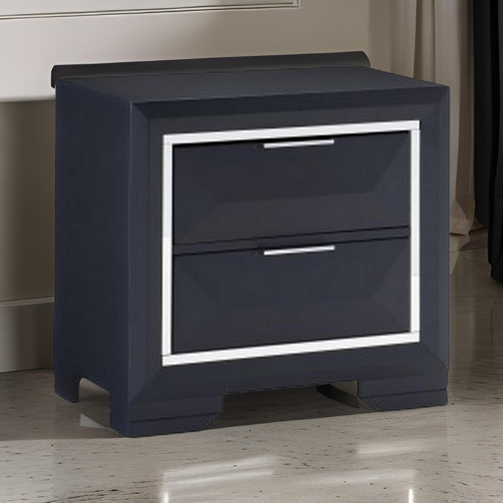 Rosy 27 Inch Nightstand, 2 Drawers, Chrome Accents, Midnight Blue Wood