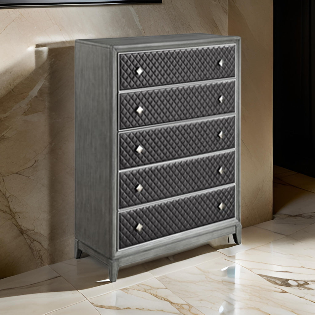 Stacy 29 Inch Nightstand, 2 Faux Leather Upholstered Drawers, Gray Wood