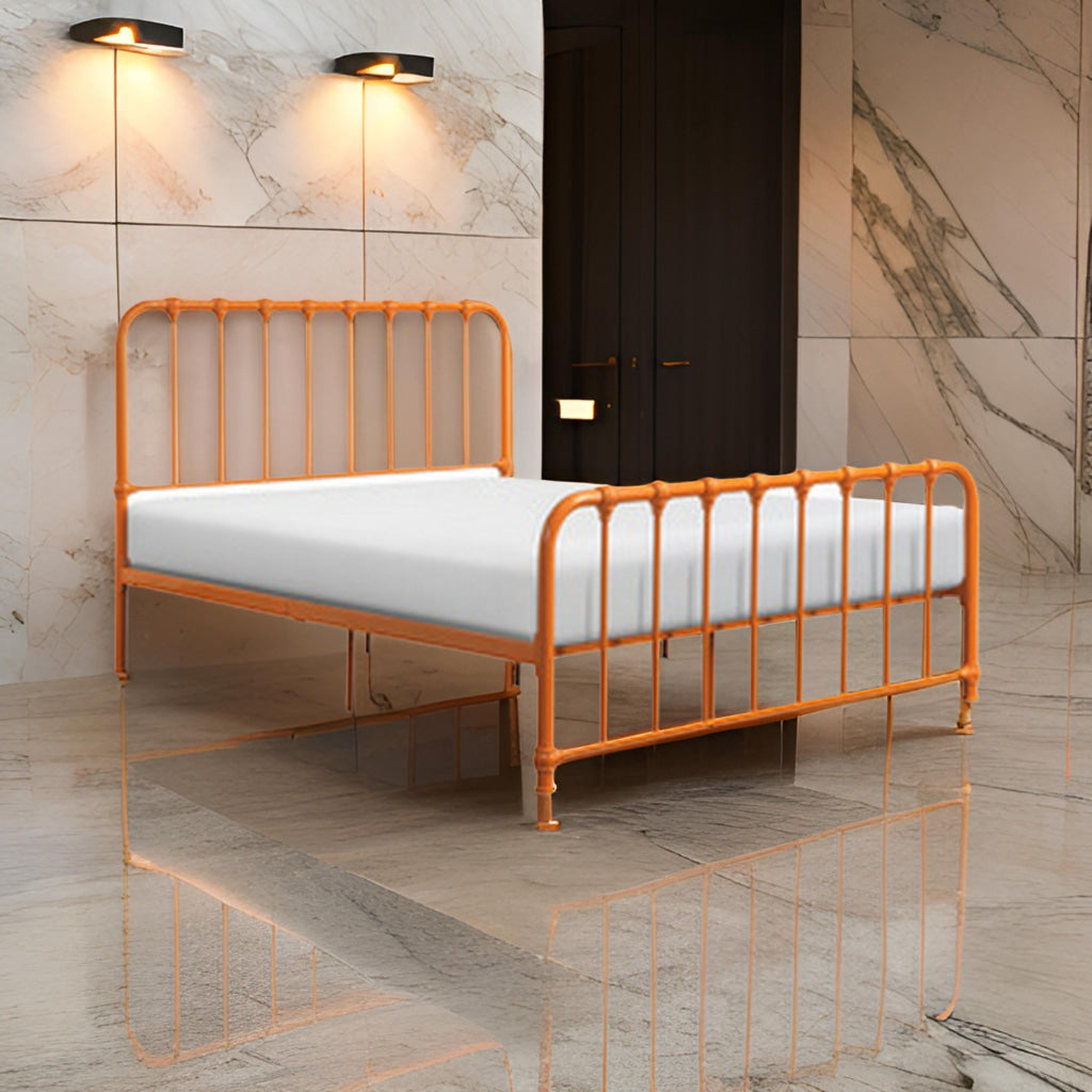 Ethan Queen Size Bed, Classic Open Slatted Metal Frame Design, Orange