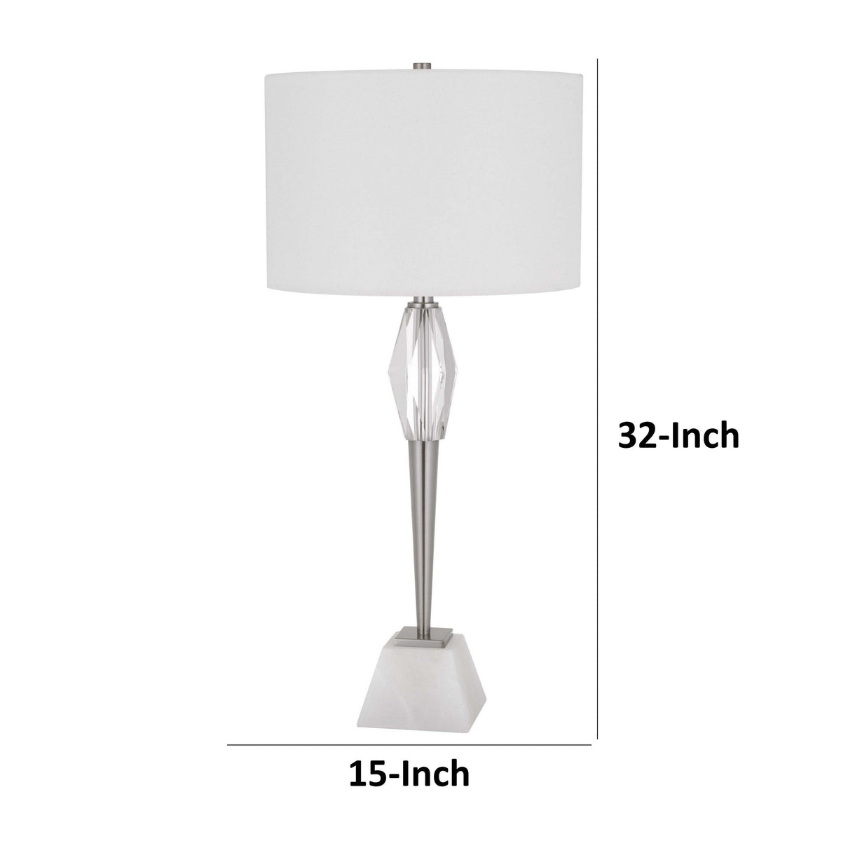 32 Inch Table Lamp with White Drum Shade, Marble Base, Brushed Steel