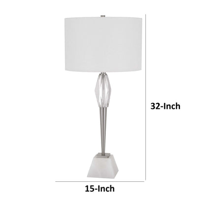 32 Inch Table Lamp with White Drum Shade, Marble Base, Brushed Steel
