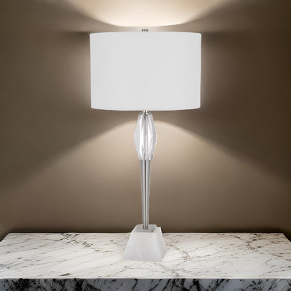 32 Inch Table Lamp with White Drum Shade, Marble Base, Brushed Steel