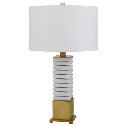 28 Inch Table Lamp, White Drum Hardback, Marble and Antique Brass Finish