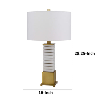 28 Inch Table Lamp, White Drum Hardback, Marble and Antique Brass Finish