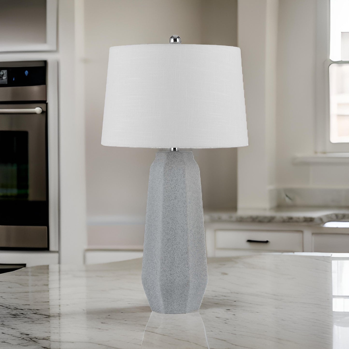 Niu 30 Inch Table Lamp Set of 2, Drum Shade, Stone Gray Ceramic Prism Base