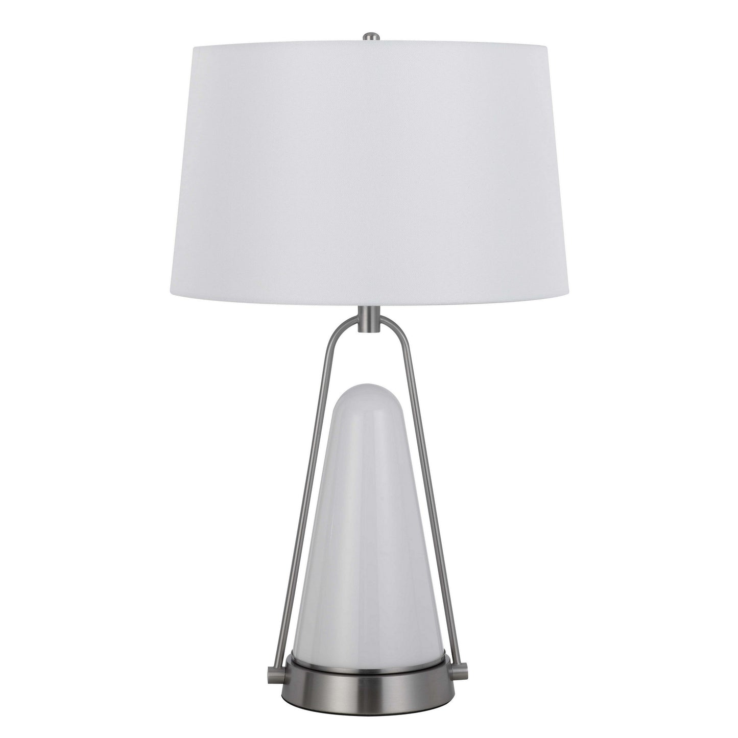 29 Inch Table Lamp, LED Lit, White Drum Hardback, Silver Metal and Glass