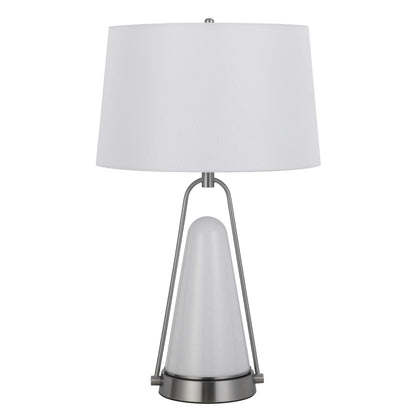 29 Inch Table Lamp, LED Lit, White Drum Hardback, Silver Metal and Glass