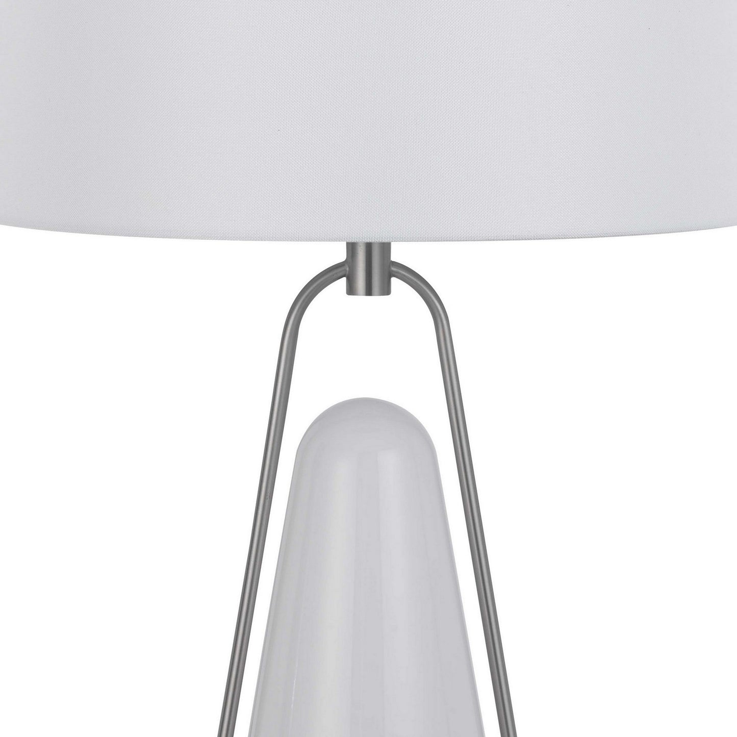 29 Inch Table Lamp, LED Lit, White Drum Hardback, Silver Metal and Glass