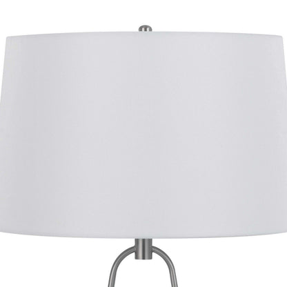 29 Inch Table Lamp, LED Lit, White Drum Hardback, Silver Metal and Glass
