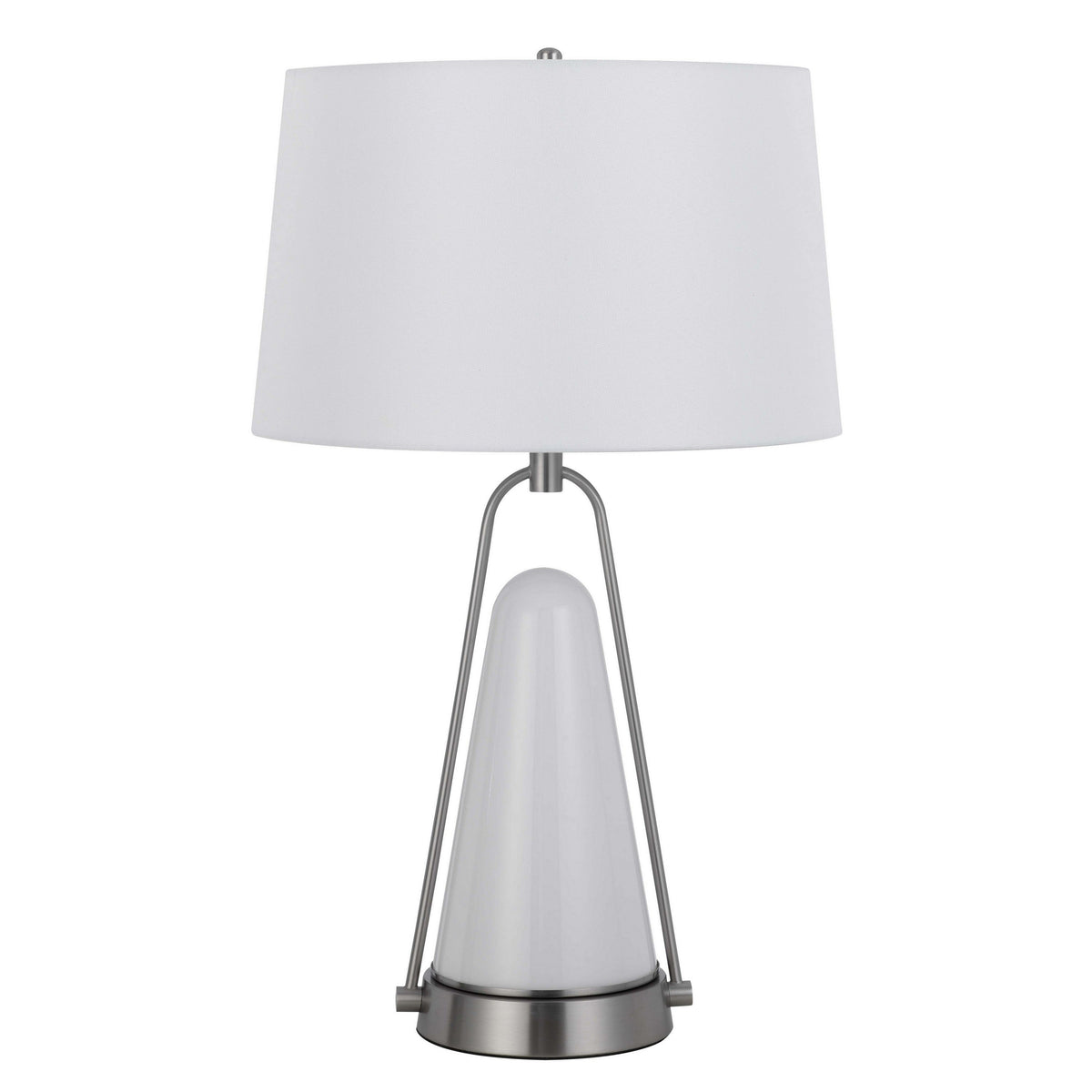 29 Inch Table Lamp, LED Lit, White Drum Hardback, Silver Metal and Glass