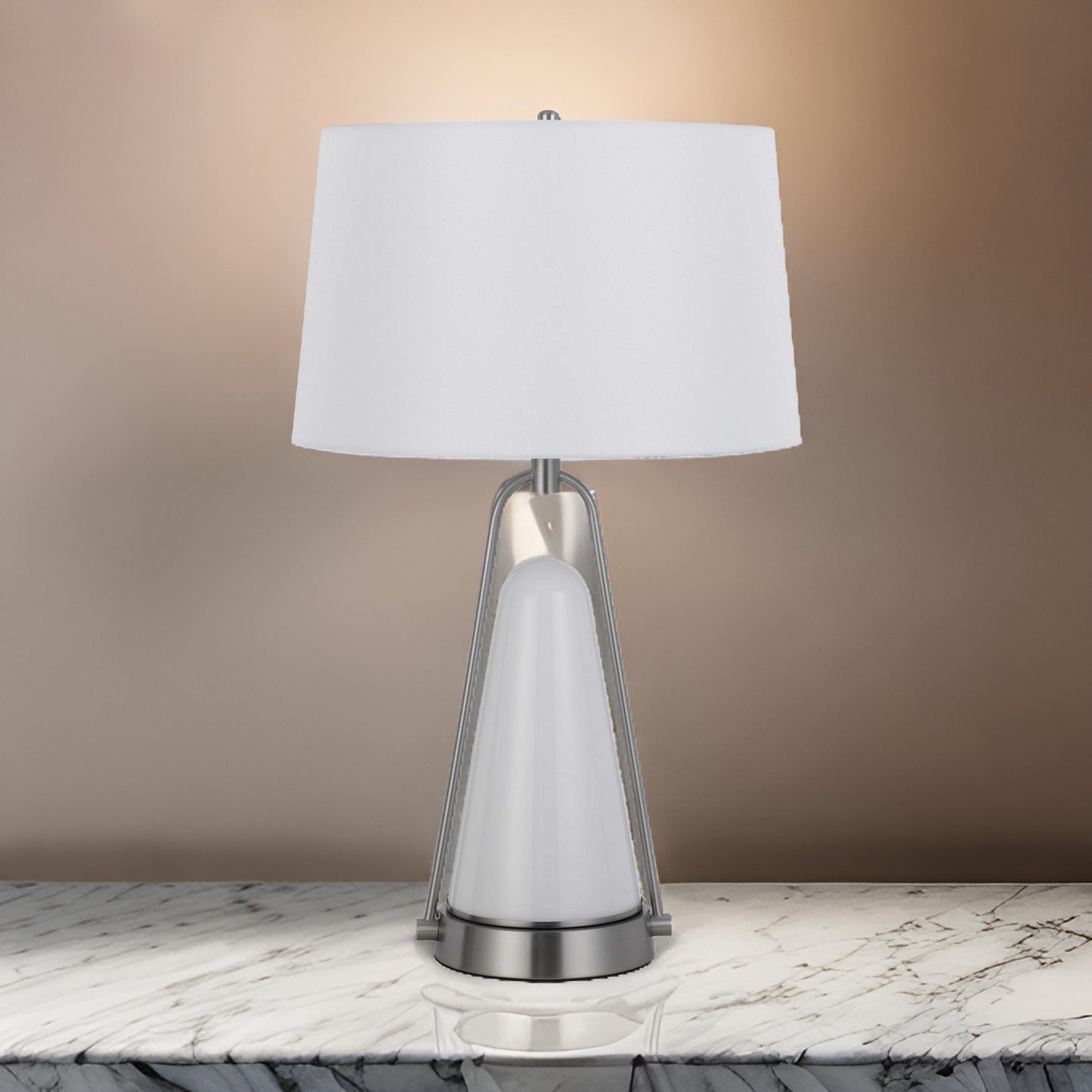 29 Inch Table Lamp, LED Lit, White Drum Hardback, Silver Metal and Glass