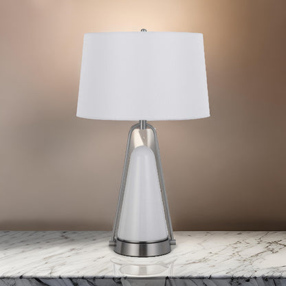 29 Inch Table Lamp, LED Lit, White Drum Hardback, Silver Metal and Glass