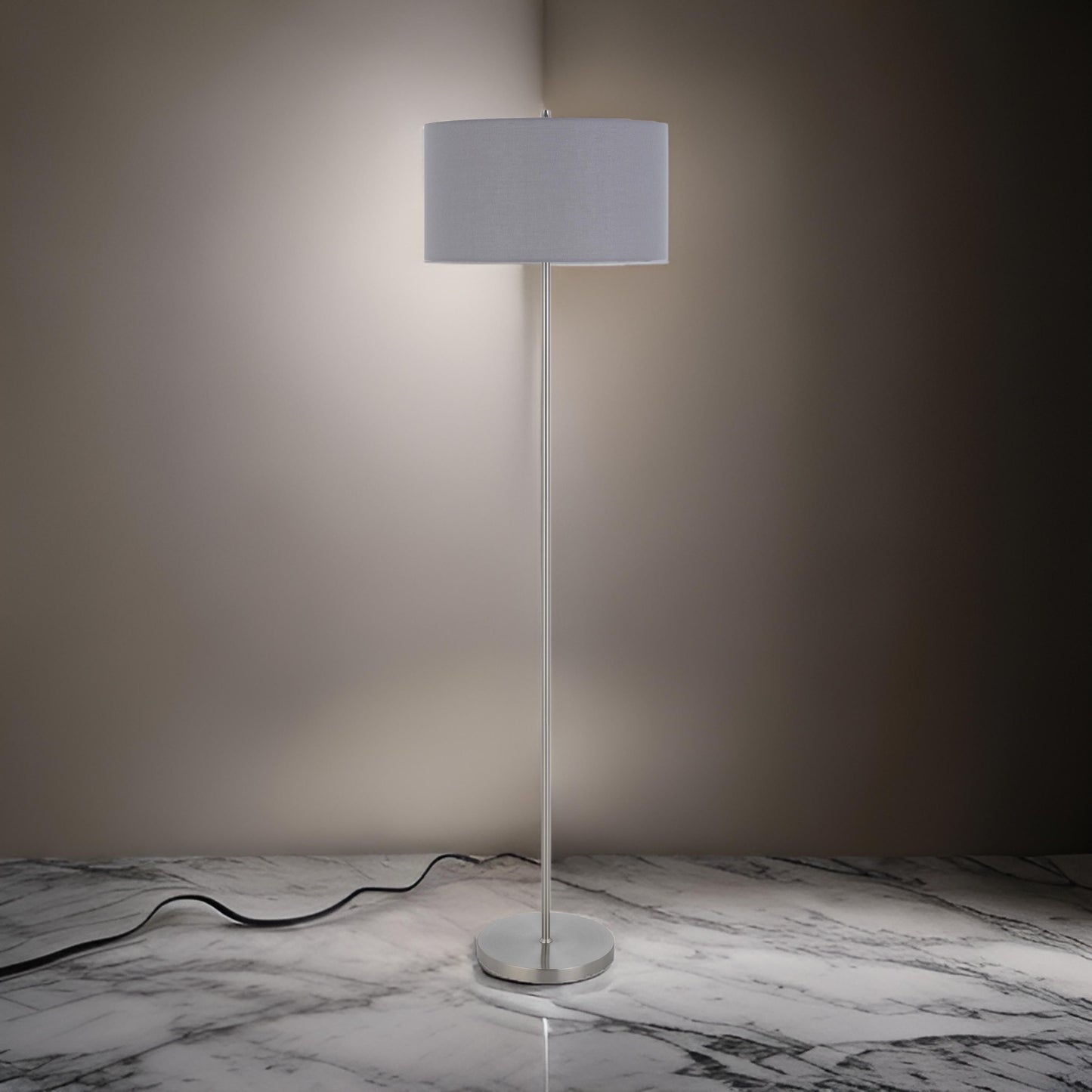 Sie 59 Inch Floor Lamp, Gray Linen Shade, Round Base, Silver Metal Pole