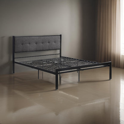 Sam Queen Platform Bed, Polyester Upholstered Tufted Headboard, Black Metal