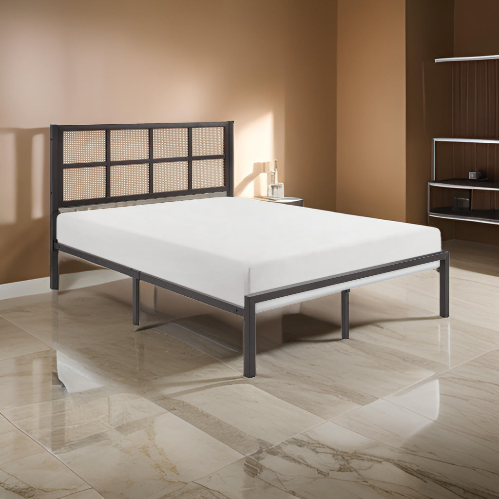 Annie Queen Platform Bed, Framed Faux Cane Panel Headboard, Dark Bronze