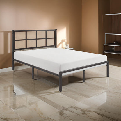 Annie Queen Platform Bed, Framed Faux Cane Panel Headboard, Dark Bronze