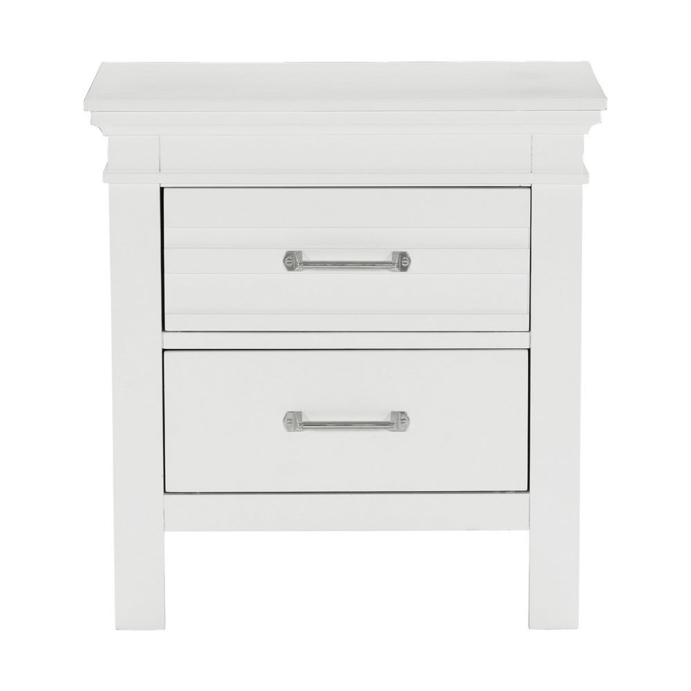 Candy 25 Inch Nightstand, 2 Drawers, Nickel Bar Handles, White Solid Wood