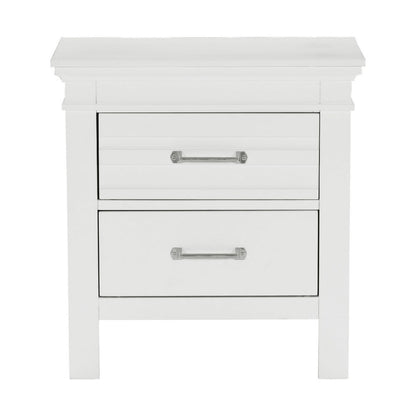 Candy 25 Inch Nightstand, 2 Drawers, Nickel Bar Handles, White Solid Wood