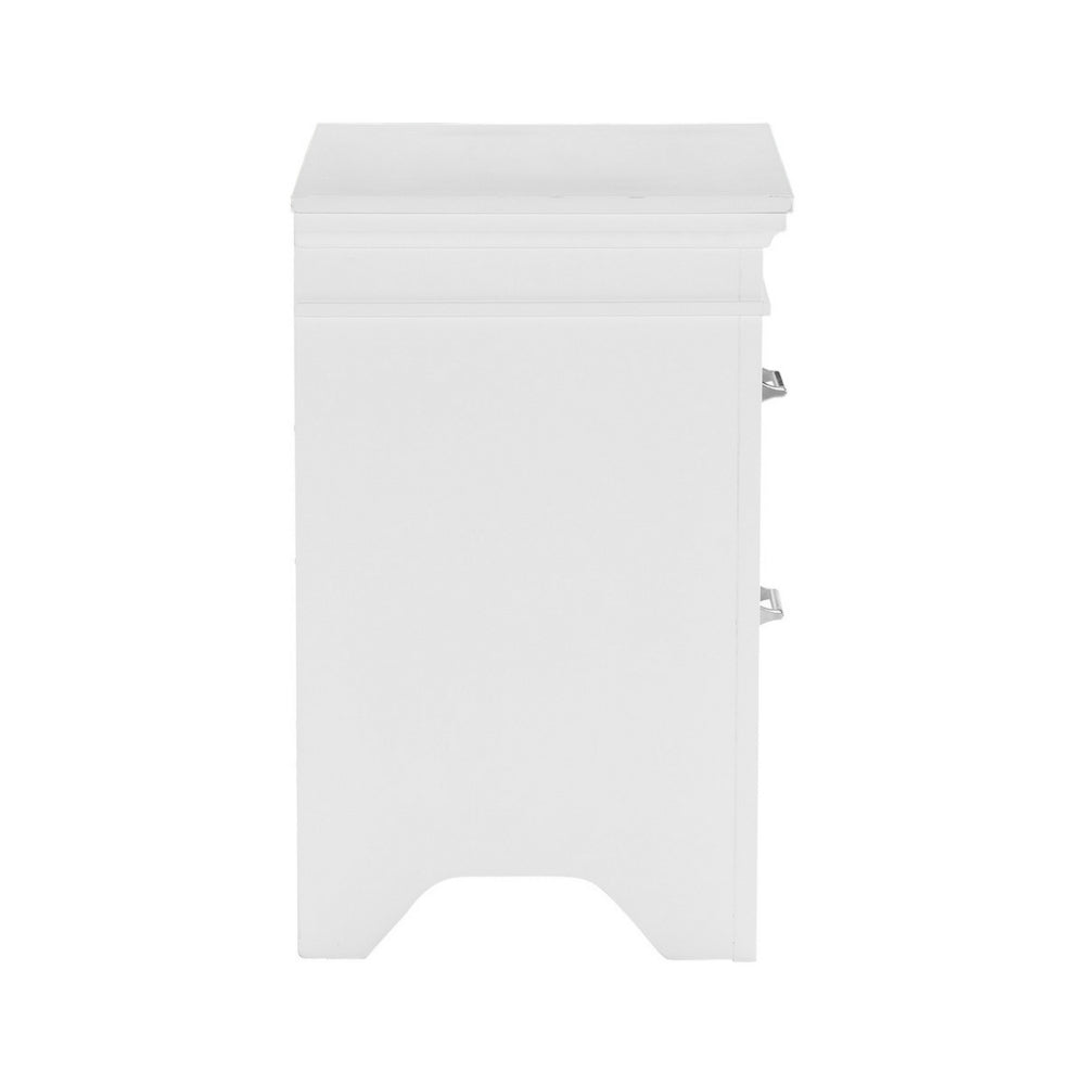 Candy 25 Inch Nightstand, 2 Drawers, Nickel Bar Handles, White Solid Wood