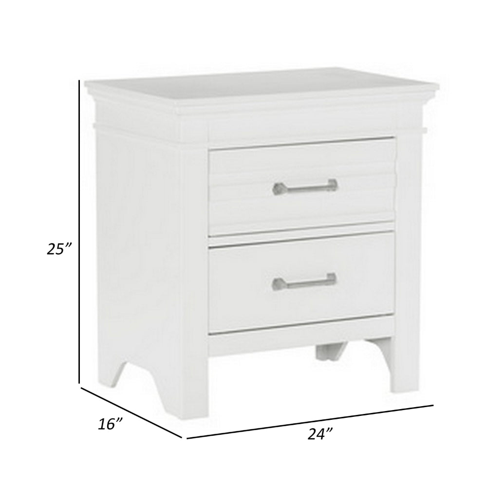 Candy 25 Inch Nightstand, 2 Drawers, Nickel Bar Handles, White Solid Wood