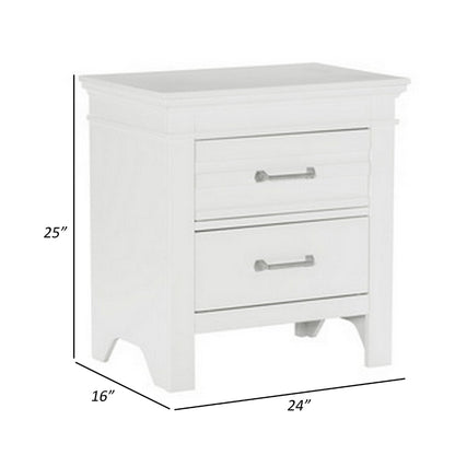 Candy 25 Inch Nightstand, 2 Drawers, Nickel Bar Handles, White Solid Wood