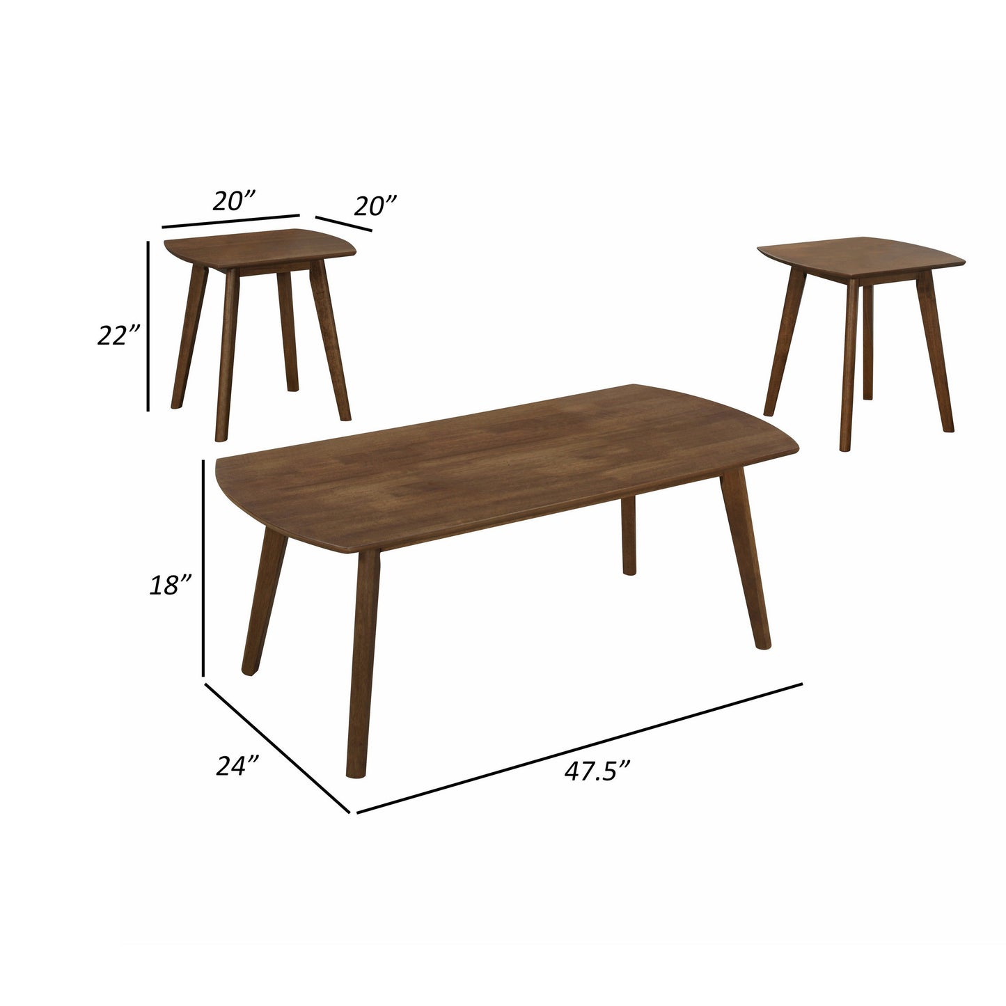 Indy 3 Piece Coffee and End Table Set, Angled Legs, Walnut Brown Solid Wood