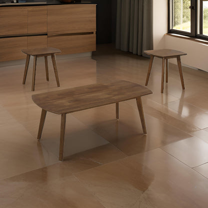Indy 3 Piece Coffee and End Table Set, Angled Legs, Walnut Brown Solid Wood