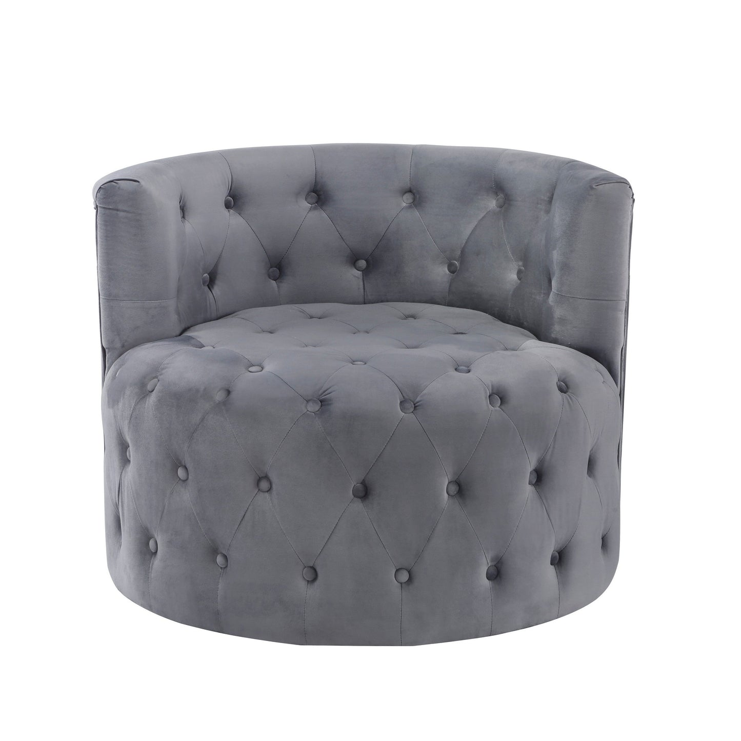Alix 33 Inch Swivel Accent Chair, Round Design, Button Tufted Gray Velvet