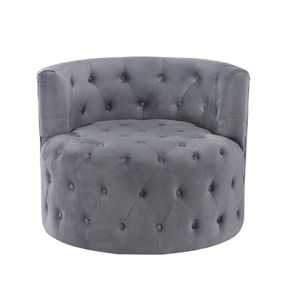 Alix 33 Inch Swivel Accent Chair, Round Design, Button Tufted Gray Velvet
