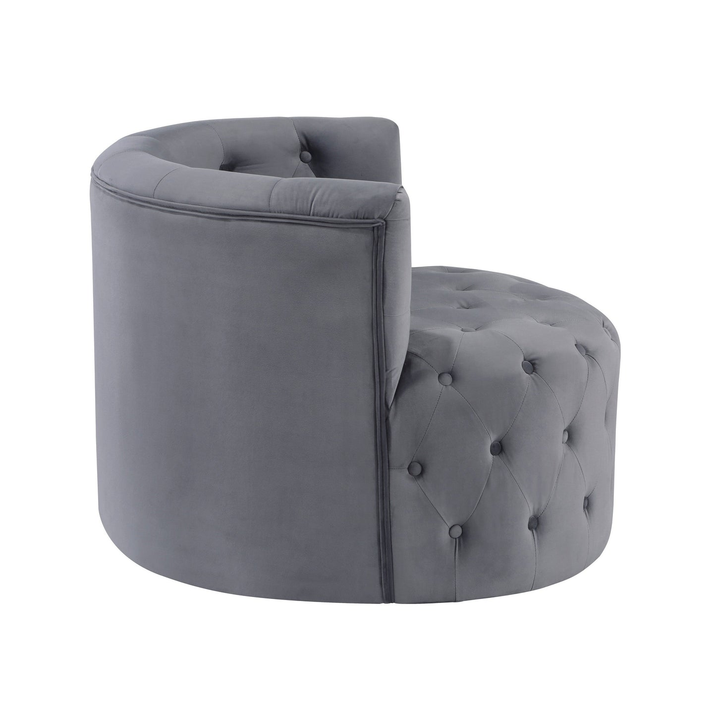 Alix 33 Inch Swivel Accent Chair, Round Design, Button Tufted Gray Velvet
