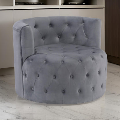Alix 33 Inch Swivel Accent Chair, Round Design, Button Tufted Gray Velvet