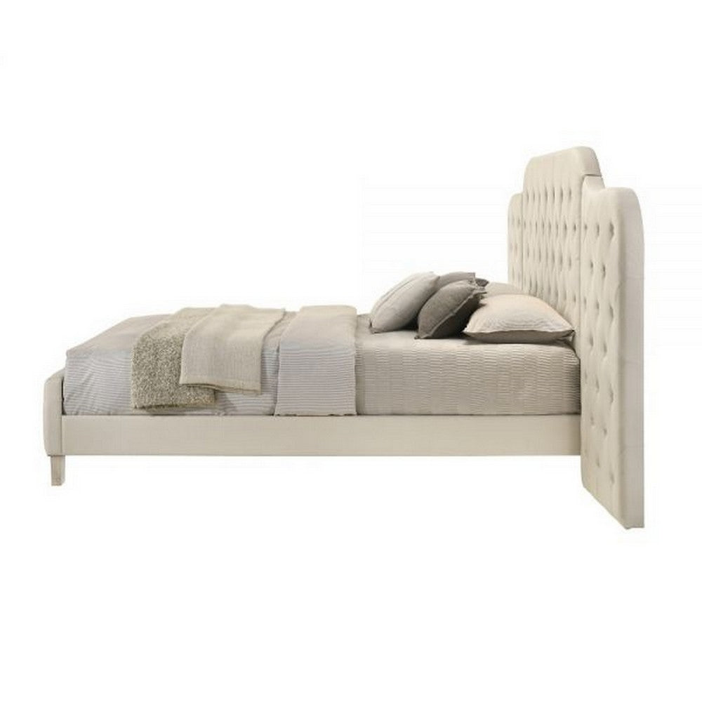 Ronny Inch Queen Size Bed, Wall Headboard, Beige Linen Tufted Upholstery