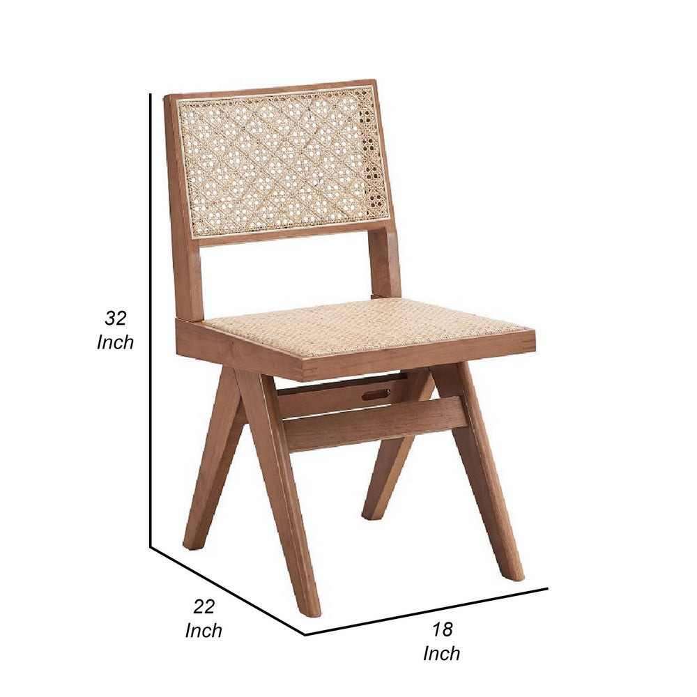 Tina 22 Inch Side Dining Chair Set of 2, Woven Rattan, Natural Brown Wood